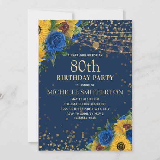 ひまわり ネイビーブルー ゴールド ストリング ライト 80歳の誕生日お祝いギフト 招待状 (正面)