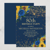 ひまわり ネイビーブルー ゴールド ストリング ライト 80歳の誕生日お祝いギフト 招待状 (正面/裏面)