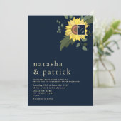 ひまわり ネイビーブルー ゴールド 現代の結婚式招待状 招待状 (スタンド正面)