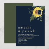 ひまわり ネイビーブルー ゴールド 現代の結婚式招待状 招待状 (正面/裏面)