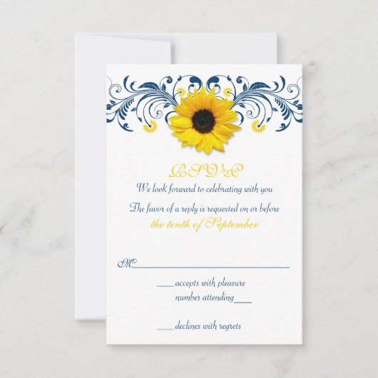 ひまわり ネイビーブルー 黄色 花 モチーフ 結婚式 返信 (正面)