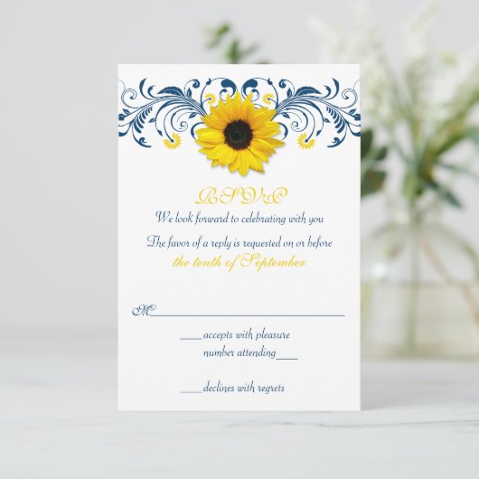 ひまわり ネイビーブルー 黄色 花 モチーフ 結婚式 返信 (スタンド正面)