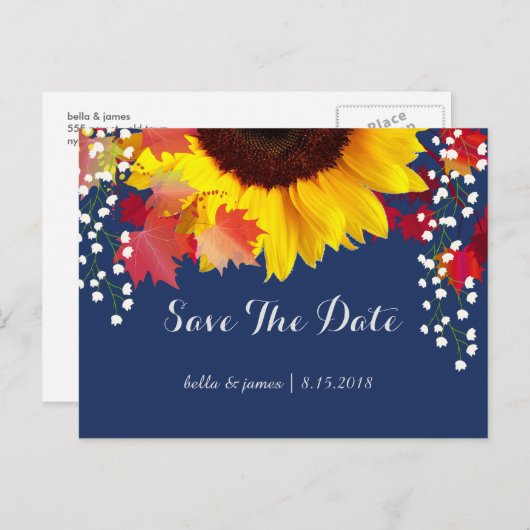 ひまわり ネイビーブルー Save The Date カード (正面/裏面)