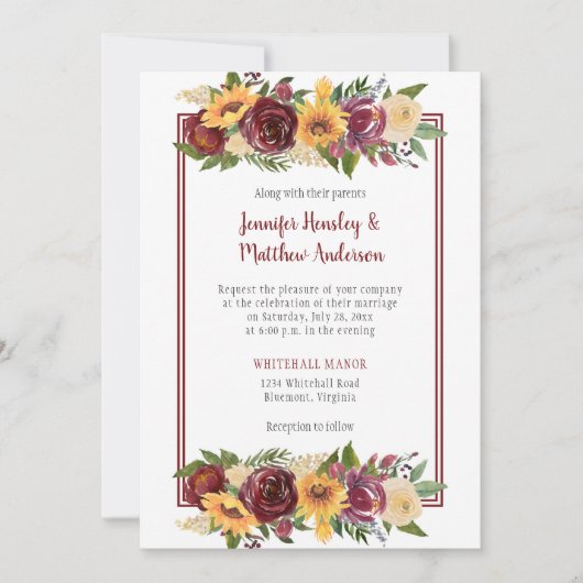 ひまわり&バーガンディフローラドロップバーガンディーフレーム 招待状 (正面)