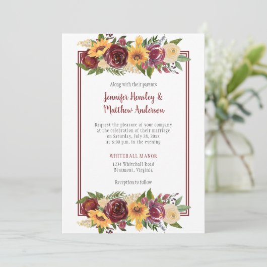 ひまわり&バーガンディフローラドロップバーガンディーフレーム 招待状 (スタンド正面)