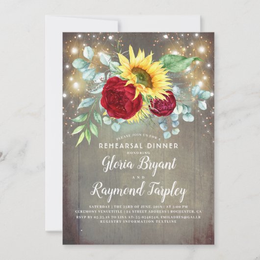 ひまわり バーガンディ フラワールーシック リハーサル ディナー 招待状 (正面)