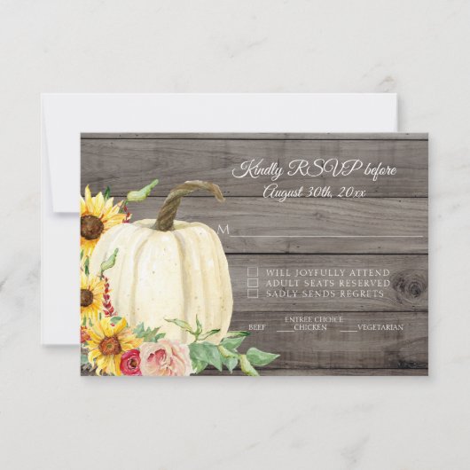 ひまわり パンプキン ブラッシュ レッド 秋の納屋 木製 RSVP 招待状 (正面)