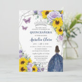 ひまわり パープル フラワー ネイビーブルー ドレス 15歳の誕生日パーティー 招待状 (スタンド正面)