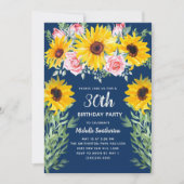 ひまわり ピンクのバラ ネイビーブルー 30歳の誕生日 招待状 (正面)
