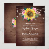 ひまわり ピンク ローズ フラワーライト ウッド ウェディング 招待状 (正面/裏面)