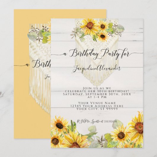 ひまわり フラワーリーフ マクラメ ボーホー 誕生日パーティー 招待状 (正面/裏面)