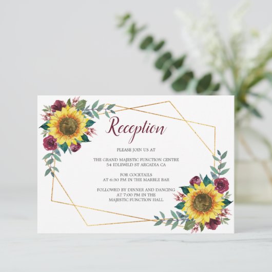 ひまわり フローラル ジオメトリック ウェディング レセプション エンクロージャーカード (スタンド正面)