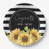 ひまわり ブラックアンドホワイト ストライプ ウェディング シャワー ペーパープレート (正面)