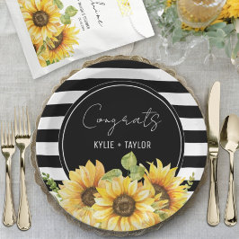 ひまわり ブラックアンドホワイト ストライプ ウェディング シャワー ペーパープレート
