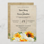 ひまわり&ホワイトローズ結婚フローラ- Burlap 招待状 (正面/裏面)