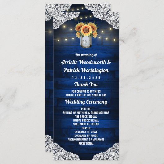 ひまわり メイソンジャー 木製レース 結婚式プログラム プログラム (正面/裏面)