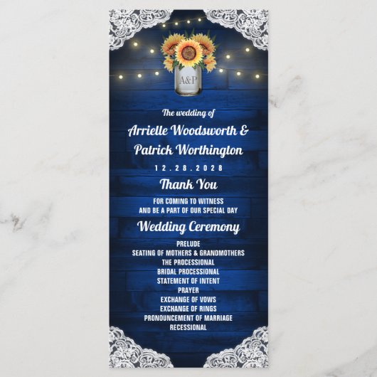 ひまわり メイソンジャー 木製レース 結婚式プログラム プログラム (正面)