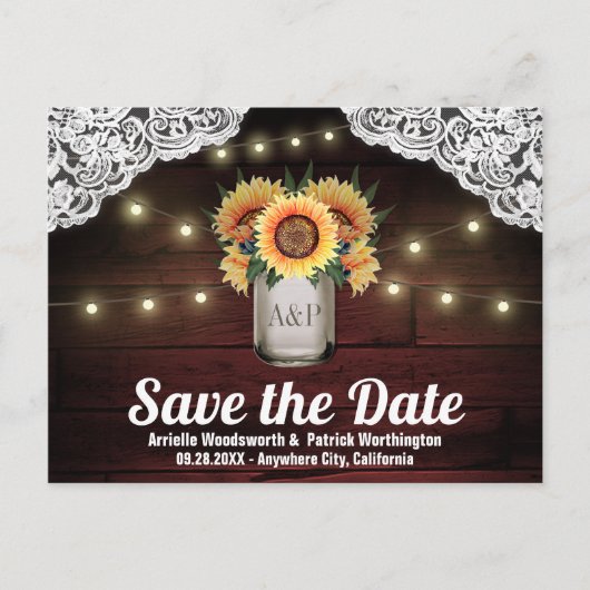 ひまわり メイソンジャー 木製 Save the Date ポストカード (正面)
