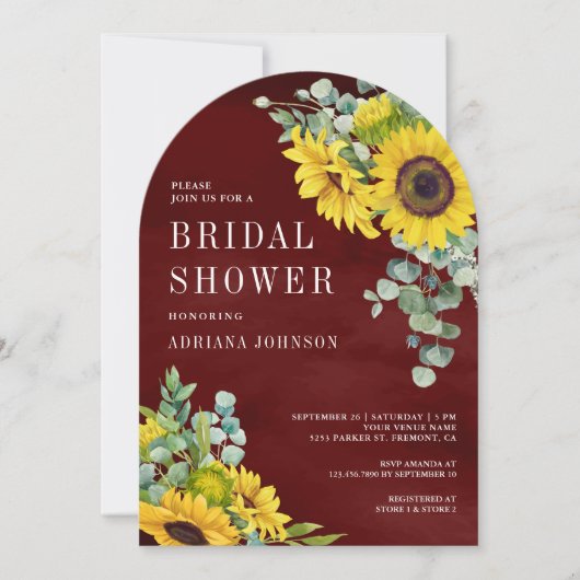 ひまわり ユーカリ バーガンディ アーチ ブライダルシャワー 招待状 (正面)