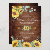 ひまわり ユーカリ 水彩画 ラスティック ウェディング 招待状 (正面/裏面)
