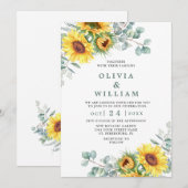 ひまわり ユーカリ 水彩画 ラスティック ウェディング 招待状 (正面/裏面)