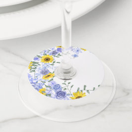 ひまわり&ライトブルーバラワイングラスラベルラベル ワイングラスタグ