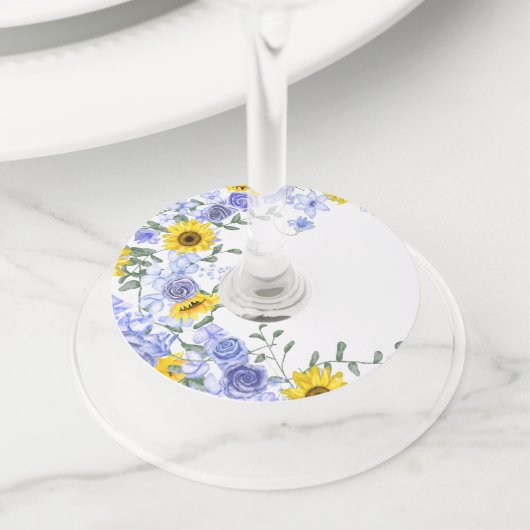 ひまわり&ライトブルーバラワイングラスラベルラベル ワイングラスタグ (クローズアップ)