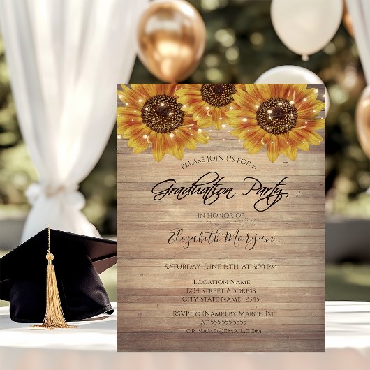 ひまわり,ライト,木の質感の卒業パーティー 招待状