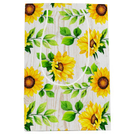 ひまわり & ラスティックウッド ボタニカルパターン パーティー ミディアムペーパーバッグ