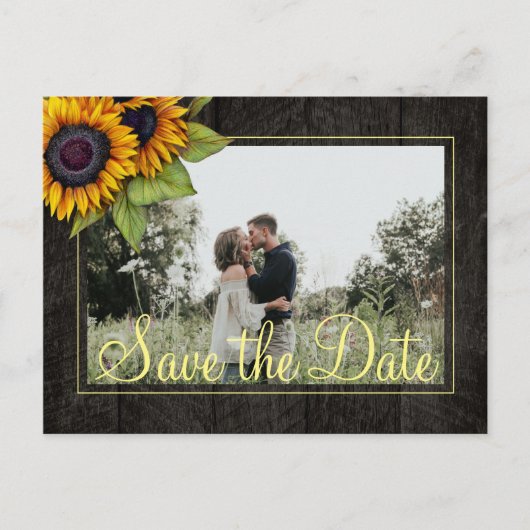 ひまわり ラスティック バーンスタイルの木材を使った結婚式のSave the Date 案内ポストカード (正面)