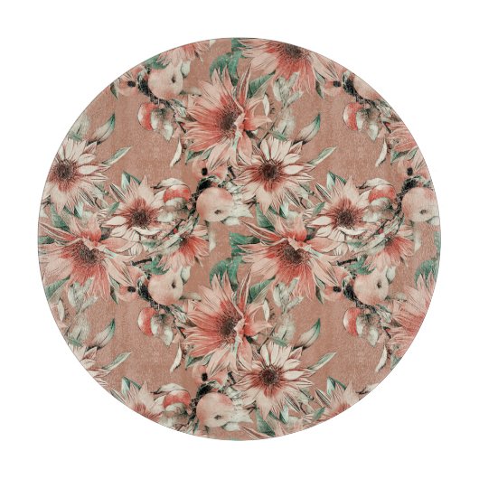 ひまわり、リンゴ：秋の水彩模様 カッティングボード (正面)