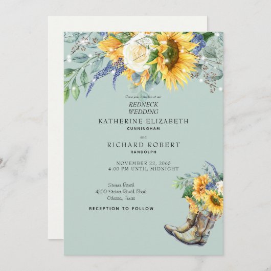ひまわり レッドネック ウェディング カウボーイ ブーツ ライト 招待状 (正面/裏面)