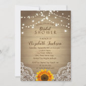 ひまわり、レース、木の素朴な結婚前お披露目パーティー 招待状 (正面)