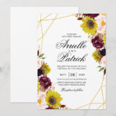 ひまわり ワインレッド ブラッシュ ピオニー ローズ 招待状 (正面/裏面)