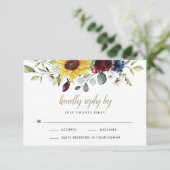 ひまわり ワインレッド ローズ ネイビーブルー ラスティック ウェディング 出欠カード (スタンド正面)