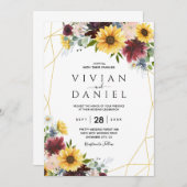 ひまわり ワインレッド ローズ ブルー ラスティック 招待状 (正面/裏面)