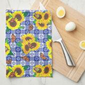 ひまわり（昆虫）オオカバマダラ、モナーク蝶ブルーギンガムパターン キッチンタオル (四つ折り)