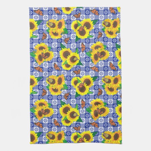 ひまわり（昆虫）オオカバマダラ、モナーク蝶ブルーギンガムパターン キッチンタオル (縦)