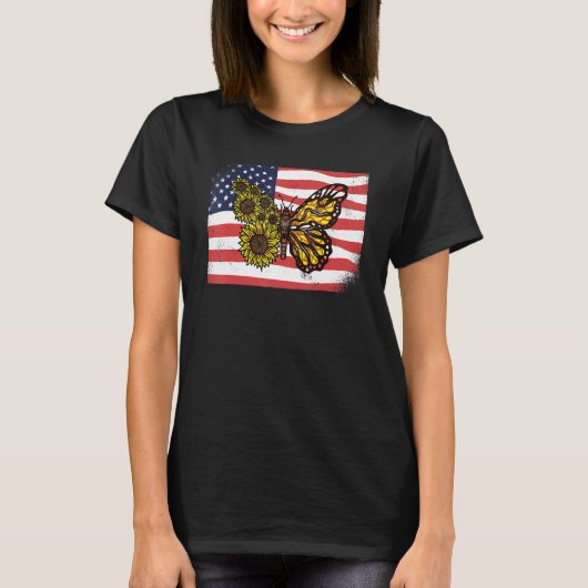 ひまわり(昆虫)オオカバマダラ、モナーク蝶愛国的アメリカF Tシャツ (正面)