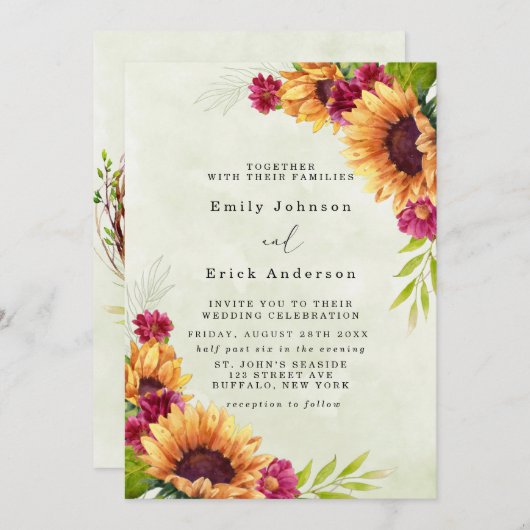 ひまわり 春 ピンク 花の ラスティック ウェディング 招待状 (正面/裏面)