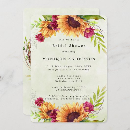 ひまわり 春 ピンク 花  ブライダルシャワー 招待状 (正面/裏面)
