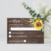 ひまわり、木材&ストリングライトなし食事RSVPカード 出欠カード (スタンド正面)