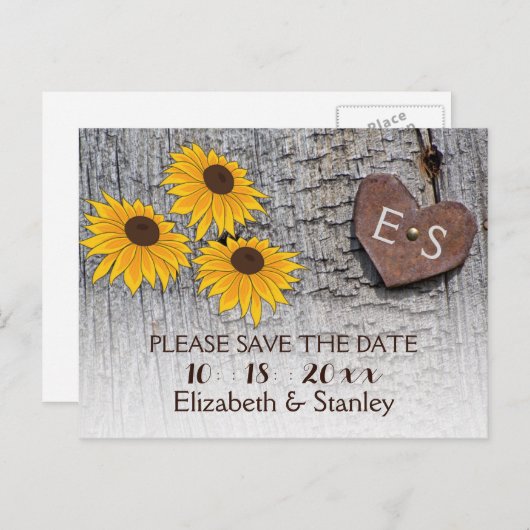 ひまわり&木製の結婚式のハート日付を保存 案内ポストカード (正面/裏面)