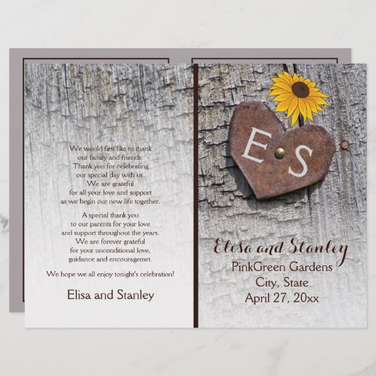 ひまわり&木製ウェディングプログラムのハート (正面/裏面)