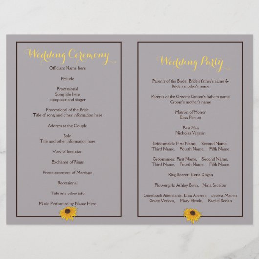 ひまわり&木製ウェディングプログラムのハート (裏面)