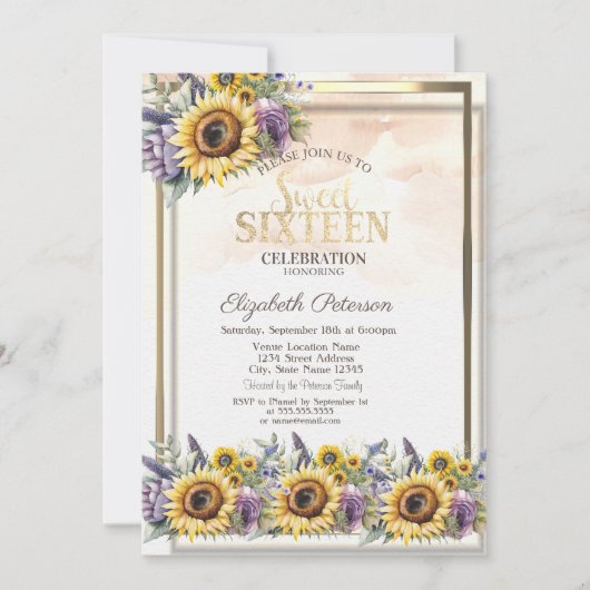 ひまわり 紫の花 ゴールドフレーム スイート16 招待状 (正面)