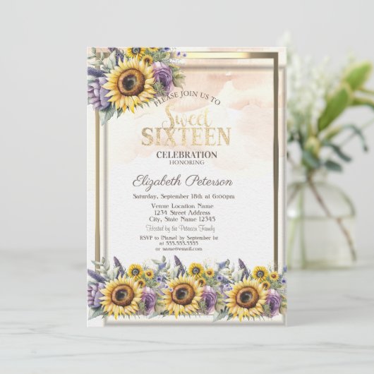 ひまわり 紫の花 ゴールドフレーム スイート16 招待状 (スタンド正面)