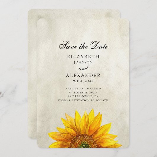 ひまわり 結婚式の日程おさえて。素朴なウェディング。カントリー セーブザデート (正面/裏面)
