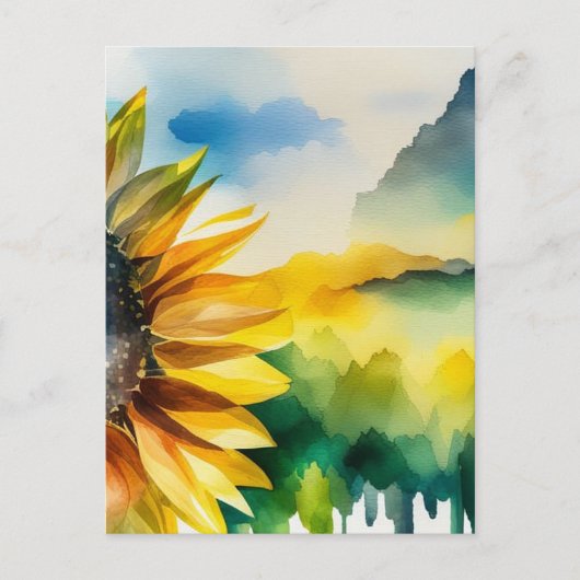 ひまわり、自然の風景、水彩画 ポストカード (正面)