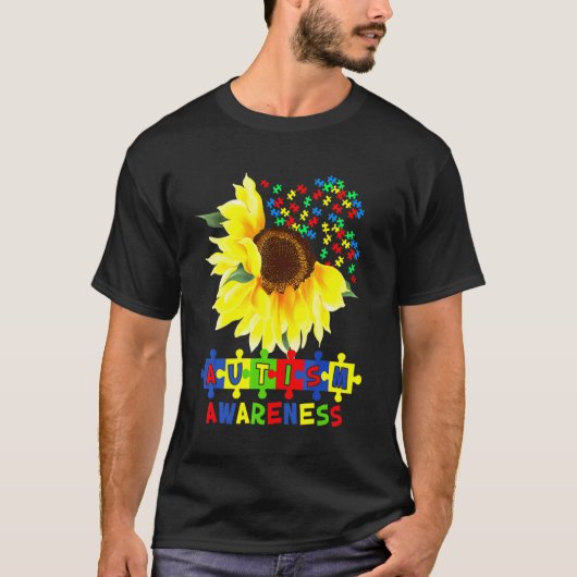 ひまわり 自閉症 パズルピース クール アウェアネス S Tシャツ (正面)